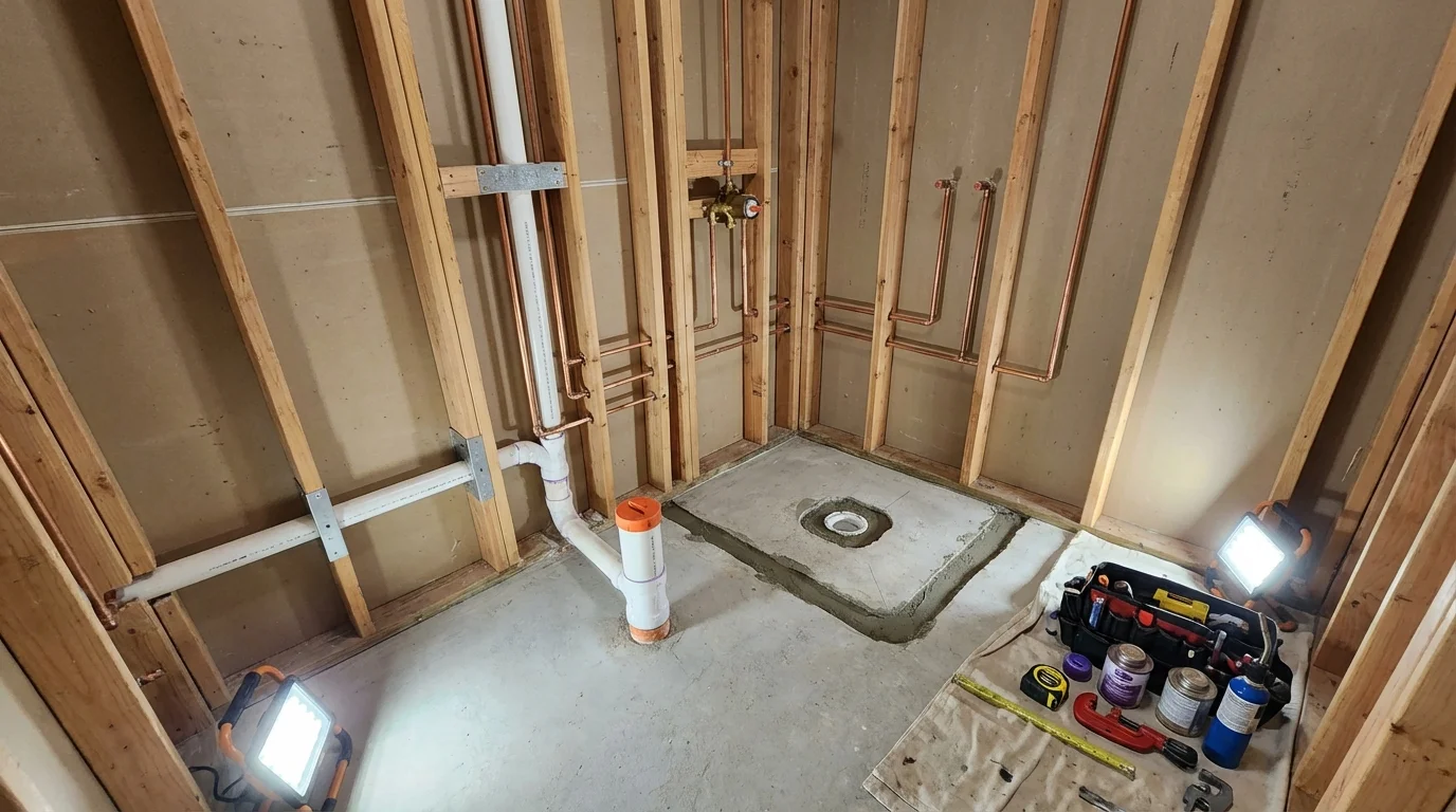 Bathroom rough-in plumbing during remodel by Johns Plumbing LLC in West Newbury