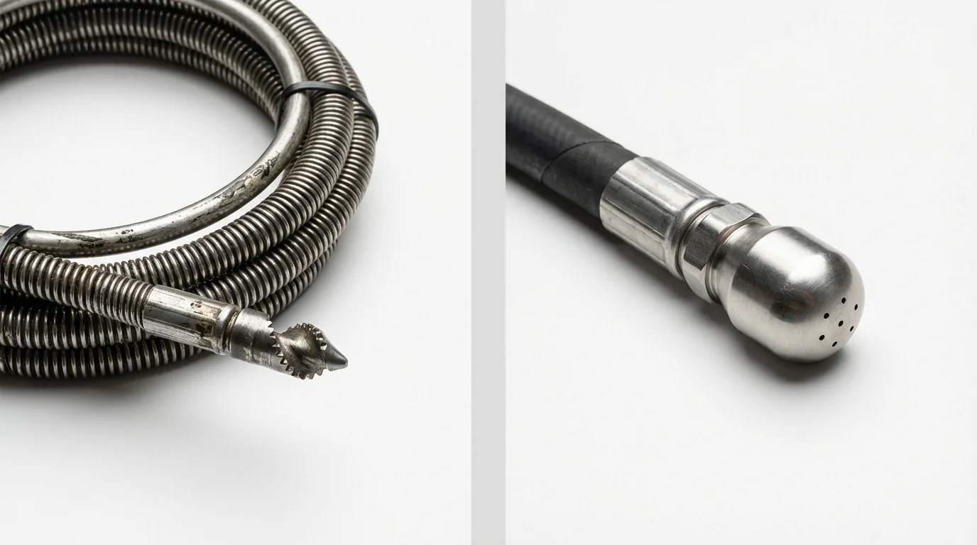 Drain snake cable and hydro jetting nozzle used for drain cleaning in West Newbury, MA