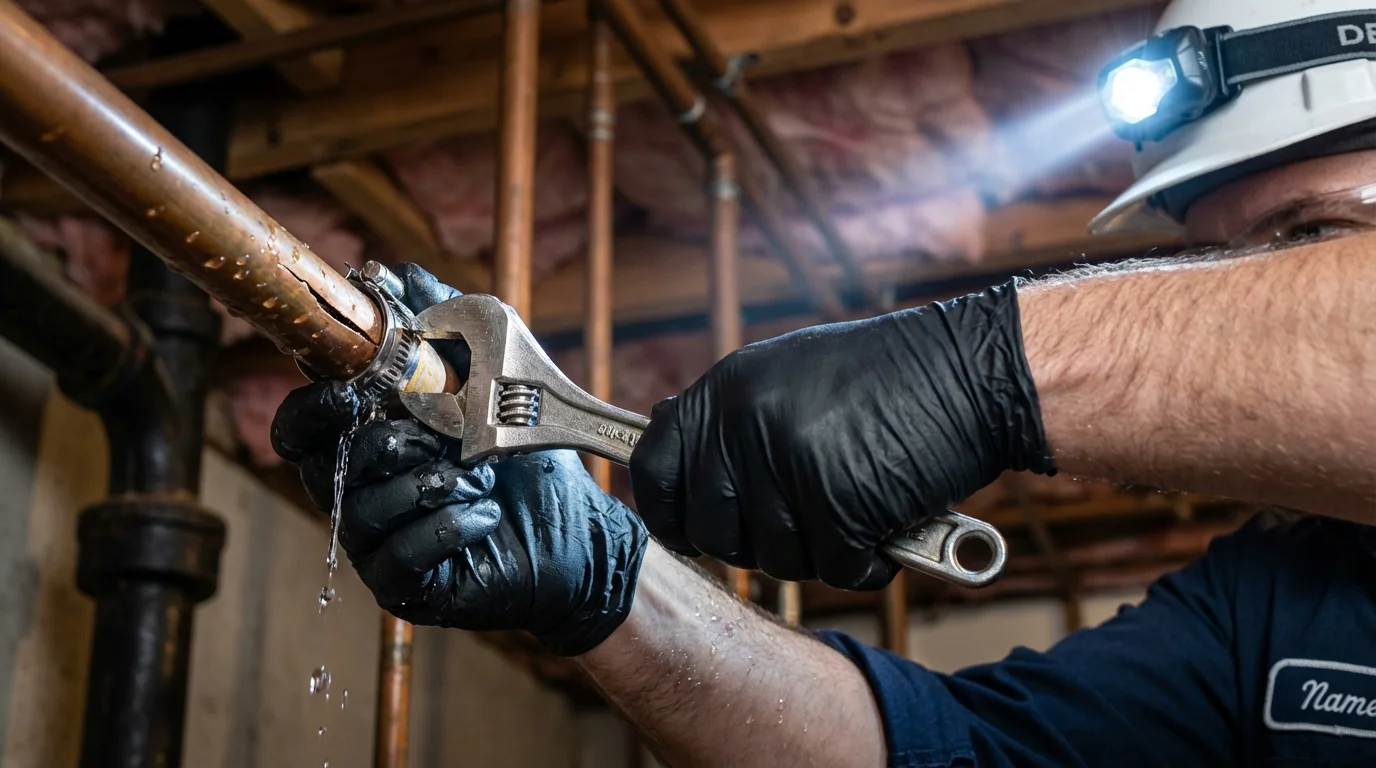Emergency pipe clamp repair being performed by a Johns Plumbing LLC plumber in West Newbury