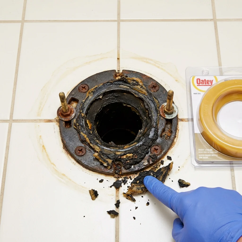 Failed wax ring showing water seepage at the base of a toilet in a West Newbury, MA home