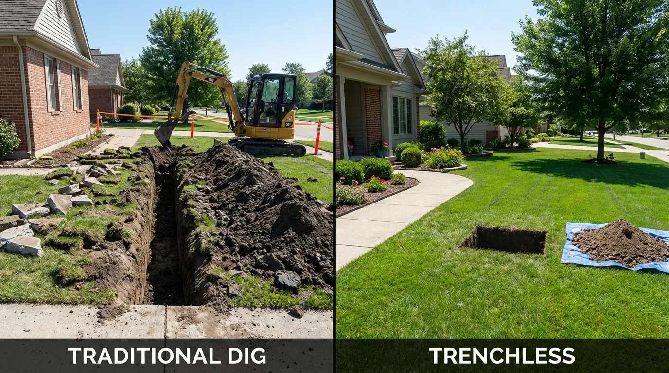 Trenchless sewer repair with minimal yard damage versus traditional excavation in West Newbury, MA