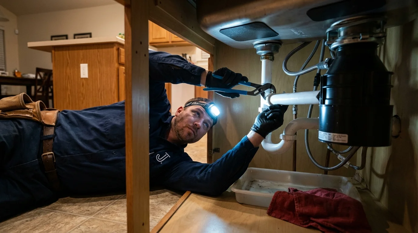 P-trap and supply line connections under a kitchen sink showing a common leak point in West Newbury, MA